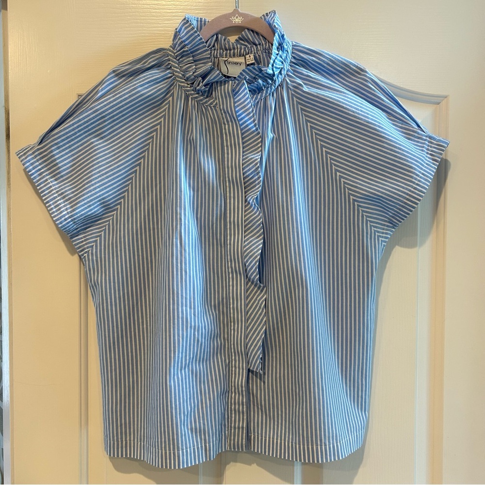 2 for 1. Finley Cassie Ruffle Blue/White Top and Unk Pink Pin Stripe top. Both S